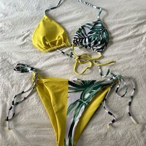 Yellow and Leaf Print Bikini Set